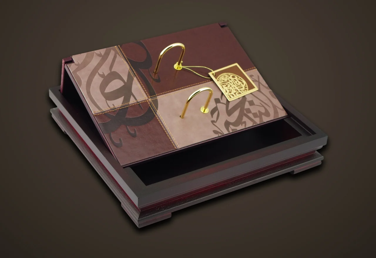 Compact wooden box calendar with two-tone leather, item 7924FBU