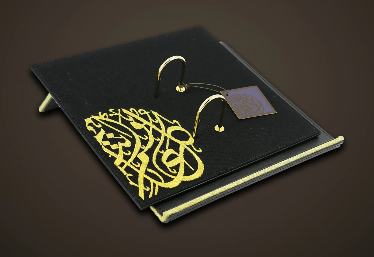 Compact canvas desk calendar with gold embroidery, item 81231