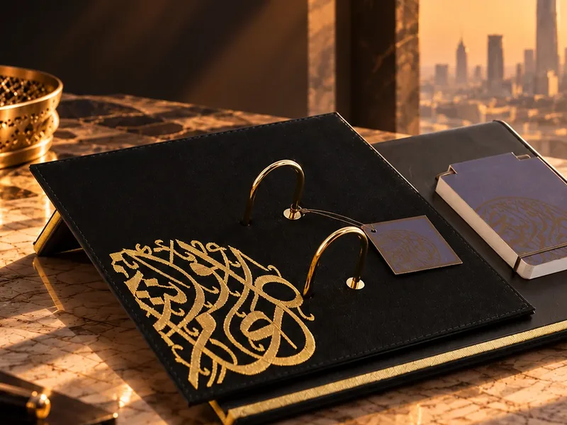 تقويم مكتبي من القماش الأسود بخط عربي ذهبي على مكتب رخامي وقت الغروب